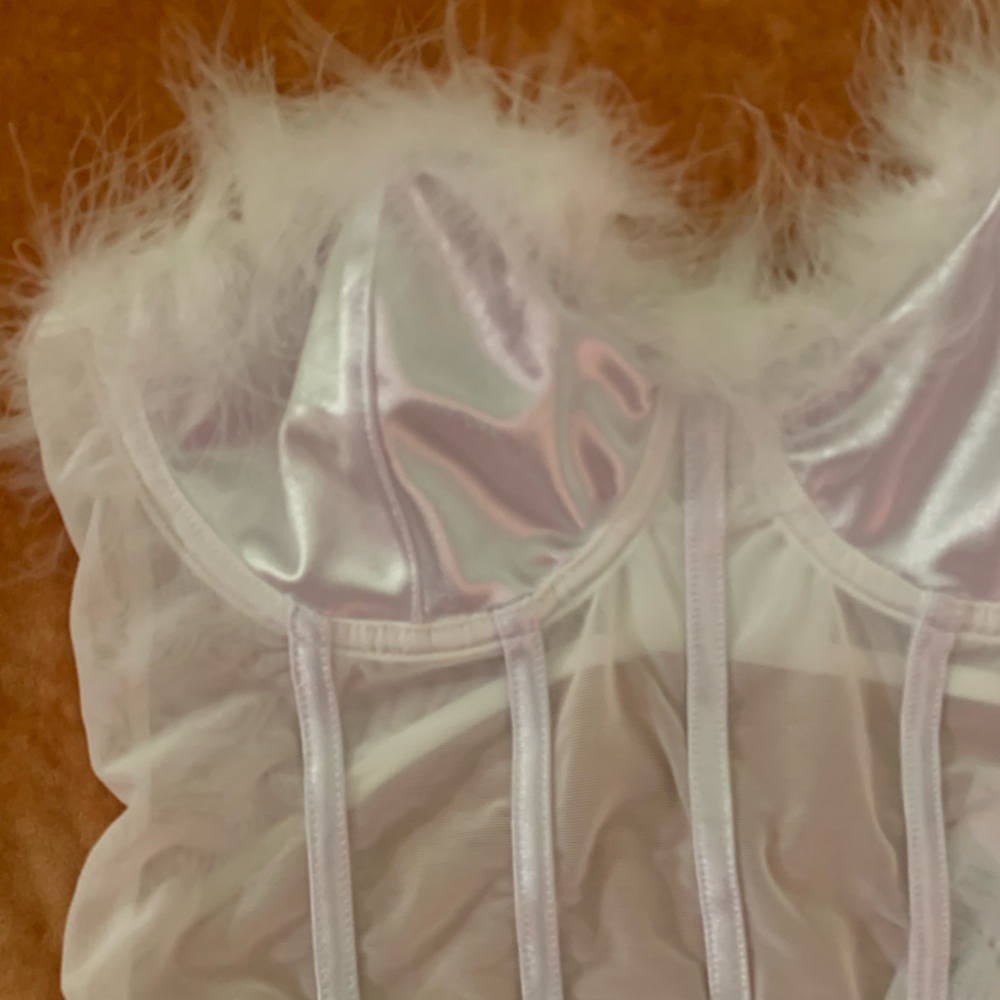 Premium Feather Trim Satin Corset Bodysuit Sz L - Picture 6 of 16